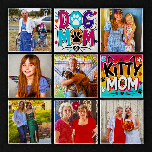 Collection of various magnets with different designs including animals, text, and symbols.
